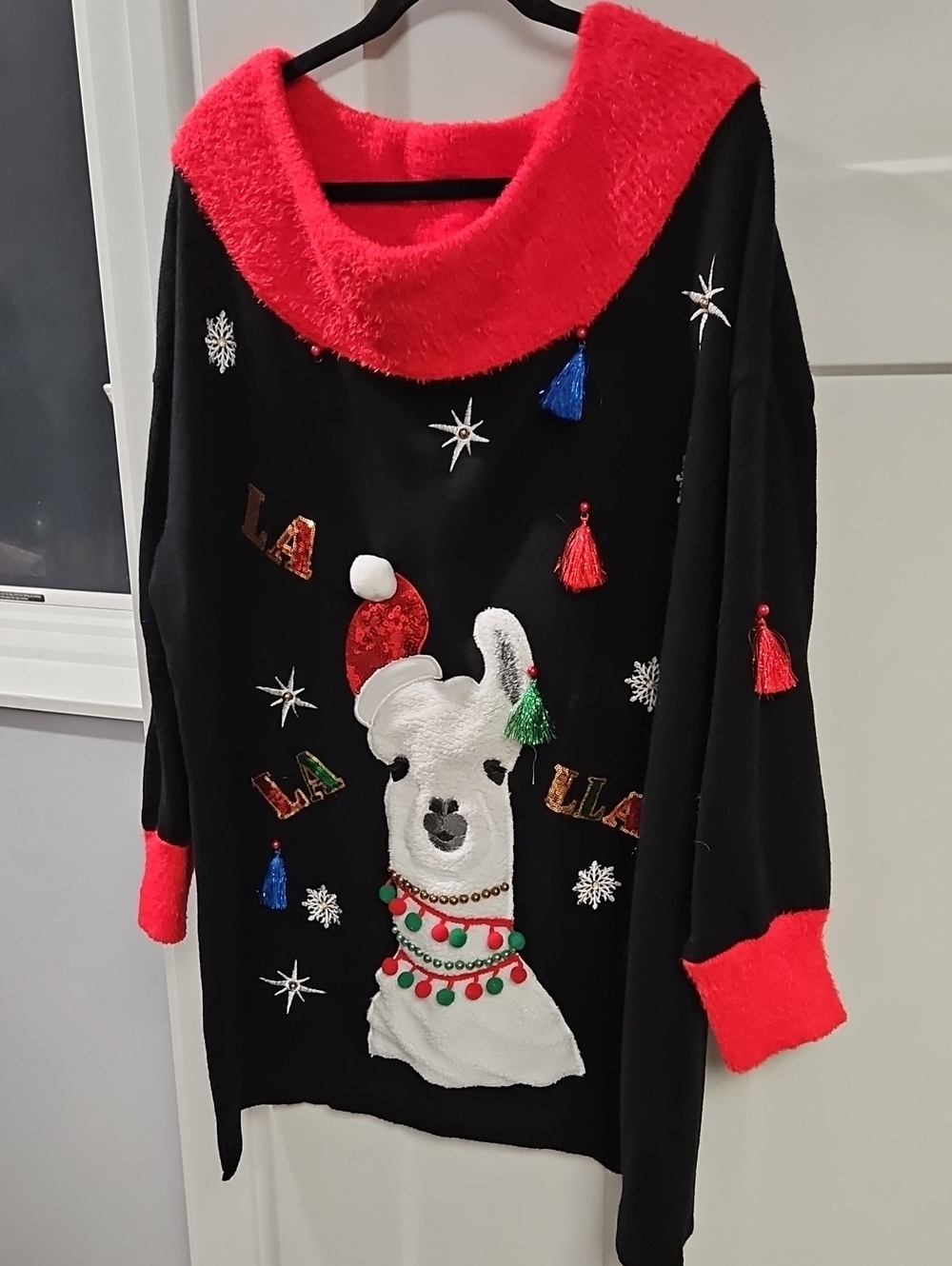 Holiday Time Black Sweater with Red Cowl and Trim featuring Festive Llama